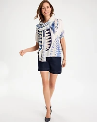 Leaf Print Linen Ruched V-Neck Tee