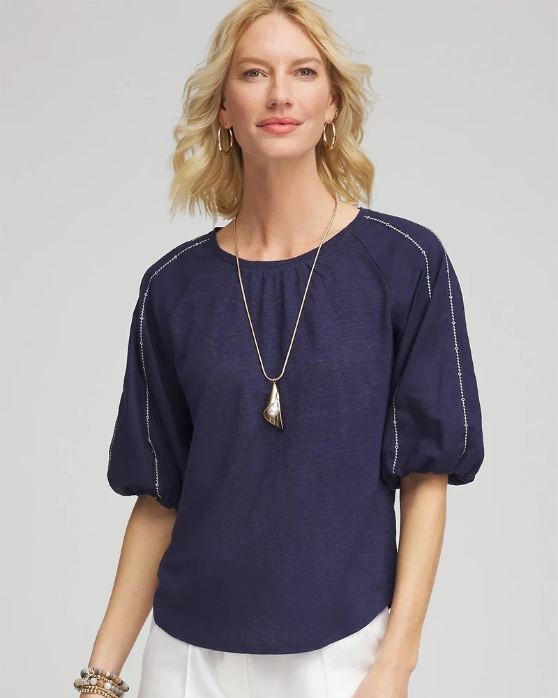 Linen Balloon-Sleeve Blouse