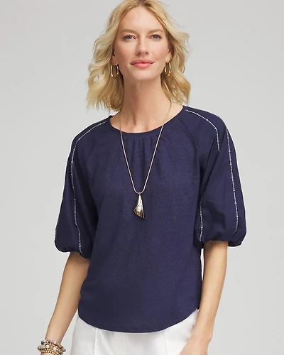 Linen Balloon-Sleeve Blouse