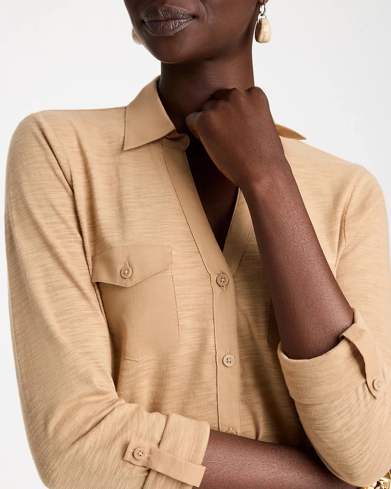 Button-Front Collared Henley Top
