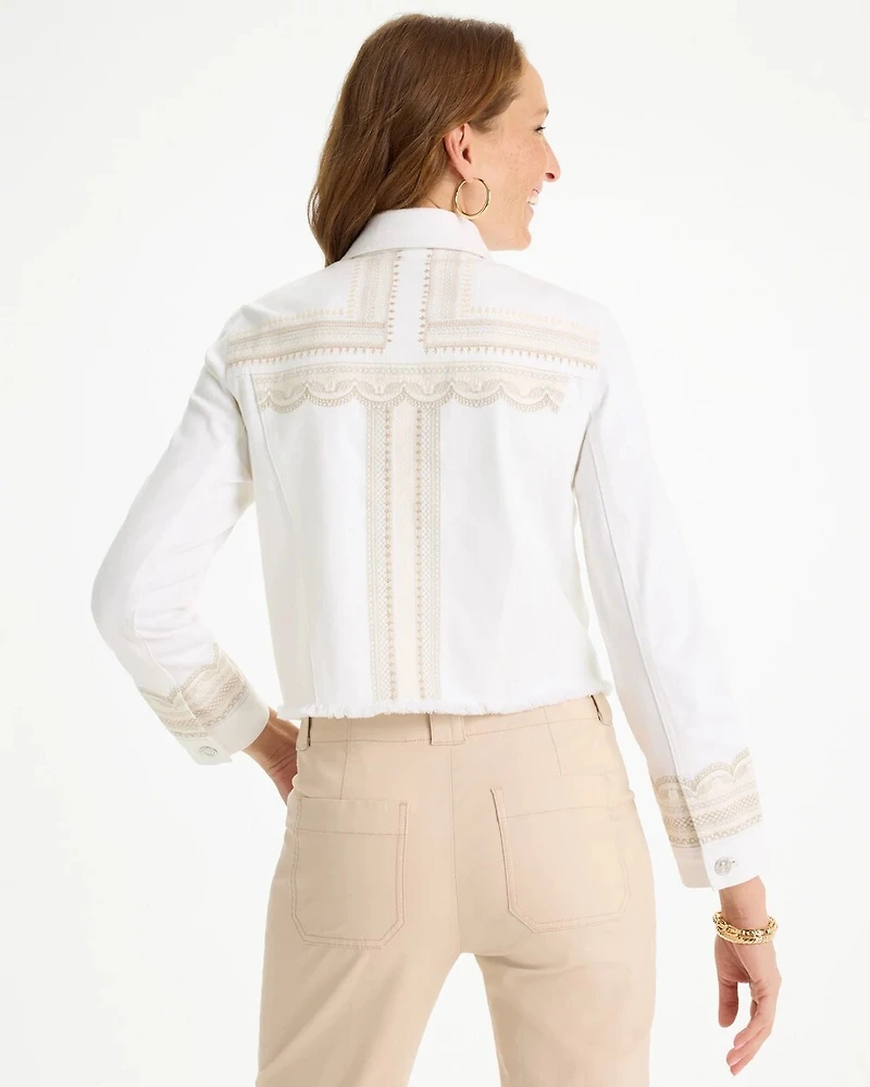 Embroidered Cropped Denim Trucker Jacket