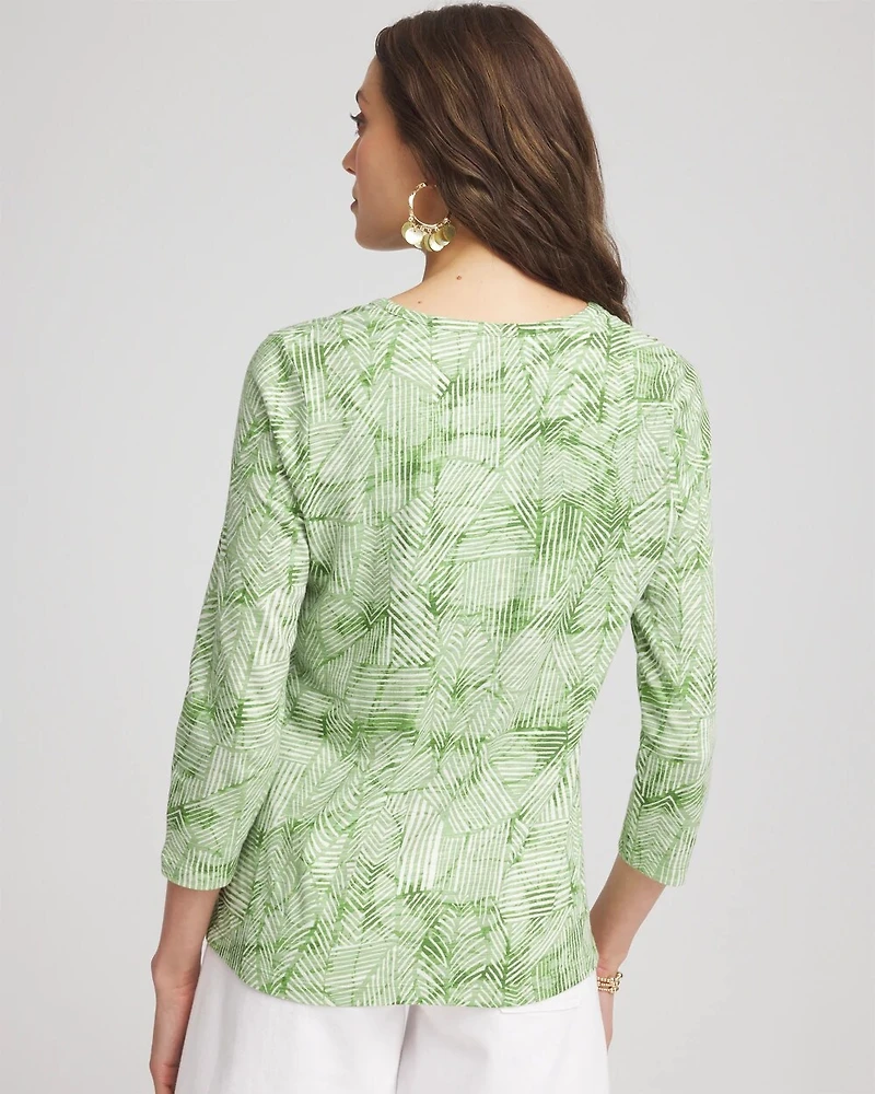 Palm-Frond-Motif Cotton Slub Henley Shirt