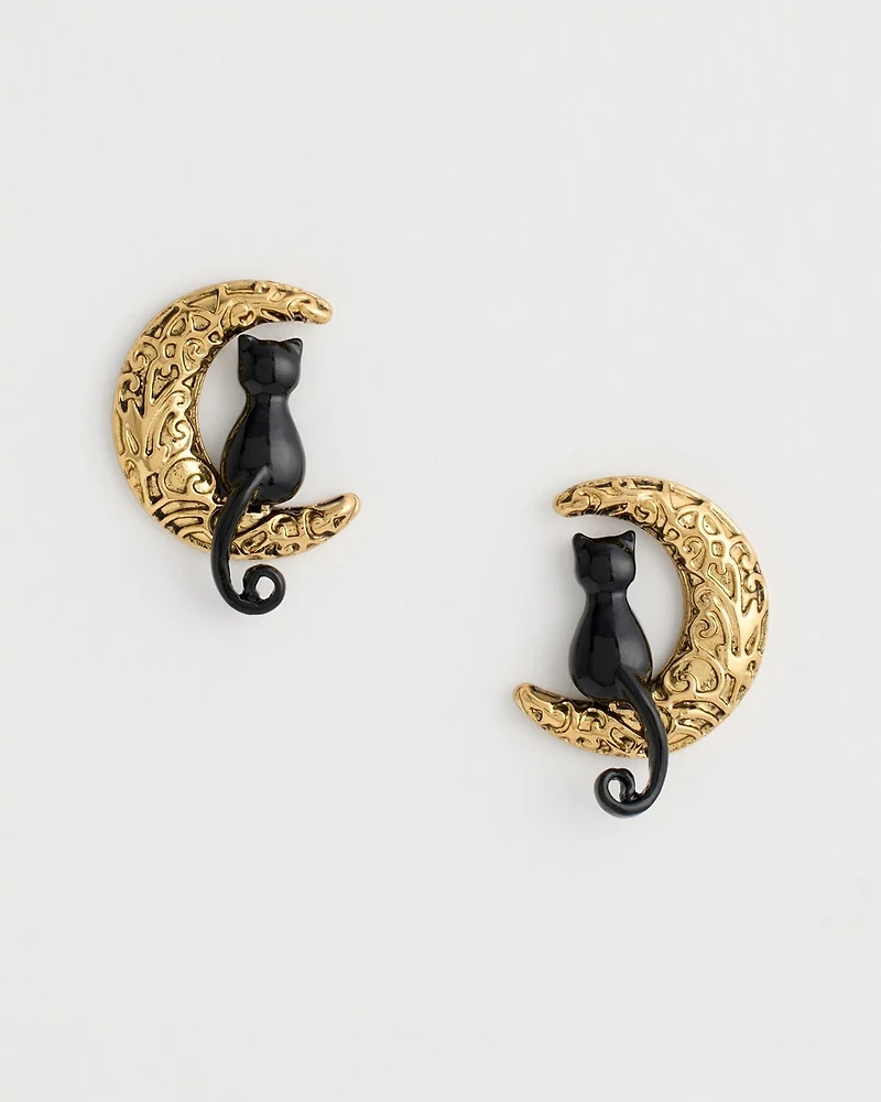 Black Cat Moon Stud Earrings