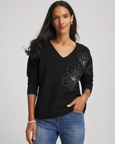 Floral Embellished Dolman V-Neck Pullover