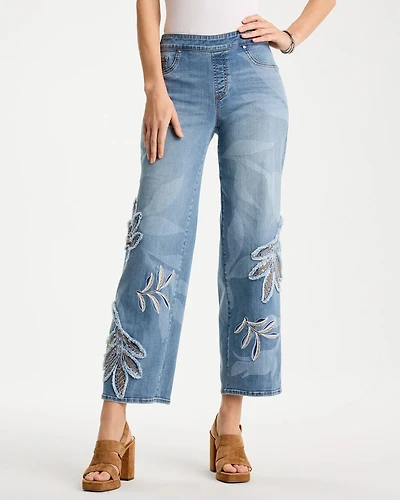 Tropical Embroidery Pull-On Wide Crop Jean
