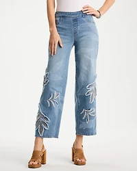 Tropical Embroidery Pull-On Wide Crop Jean