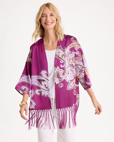 Fringed Burnout Satin Kimono