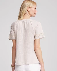 Linen Lace-Cutwork Sleeve Henley Tee