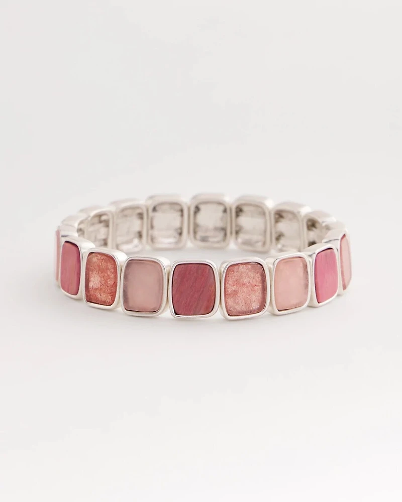 Quartz & Rhodonite Stone Silvertone Square Stretch