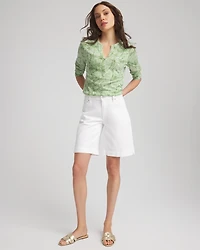 Palm-Frond-Motif Cotton Slub Henley Shirt