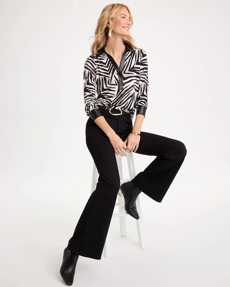 Zebra Animal Print Knit Leather-Trim Tee