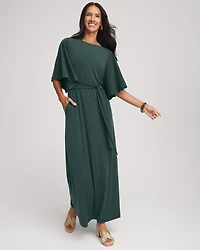 Belted Flutter-Sleeve Maxi Dress