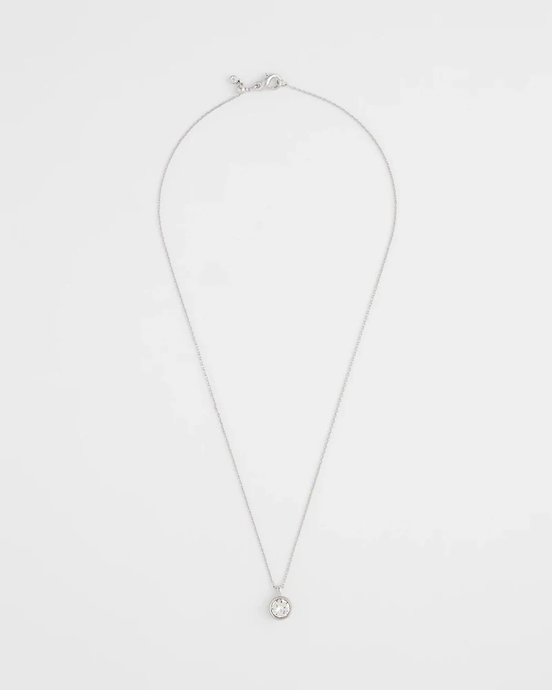 Bezel Set Pendant Silvertone Necklace