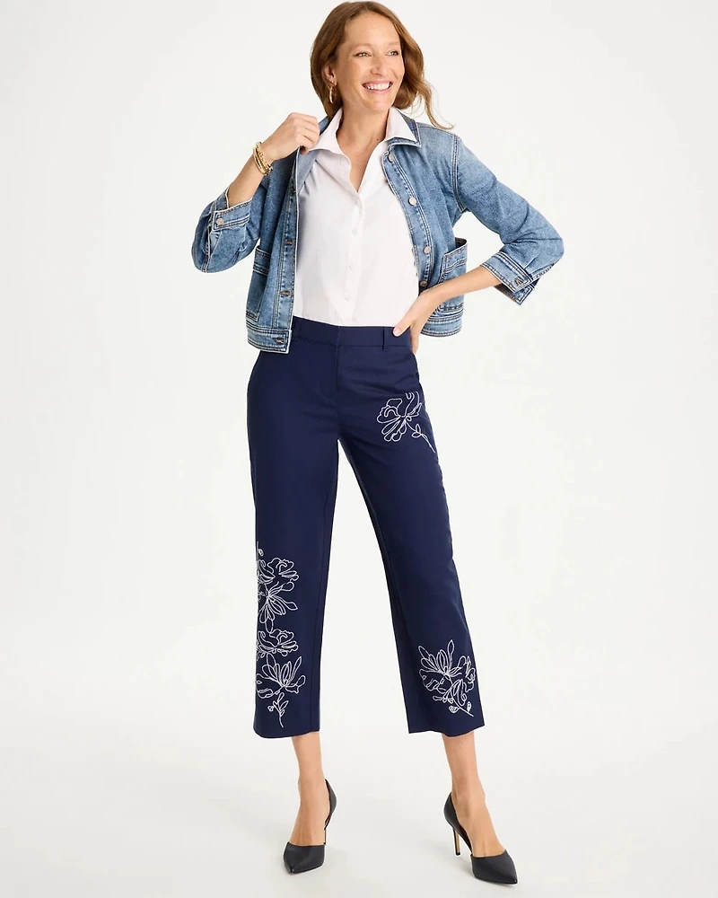 Embroidered Linen Fly Front Pants