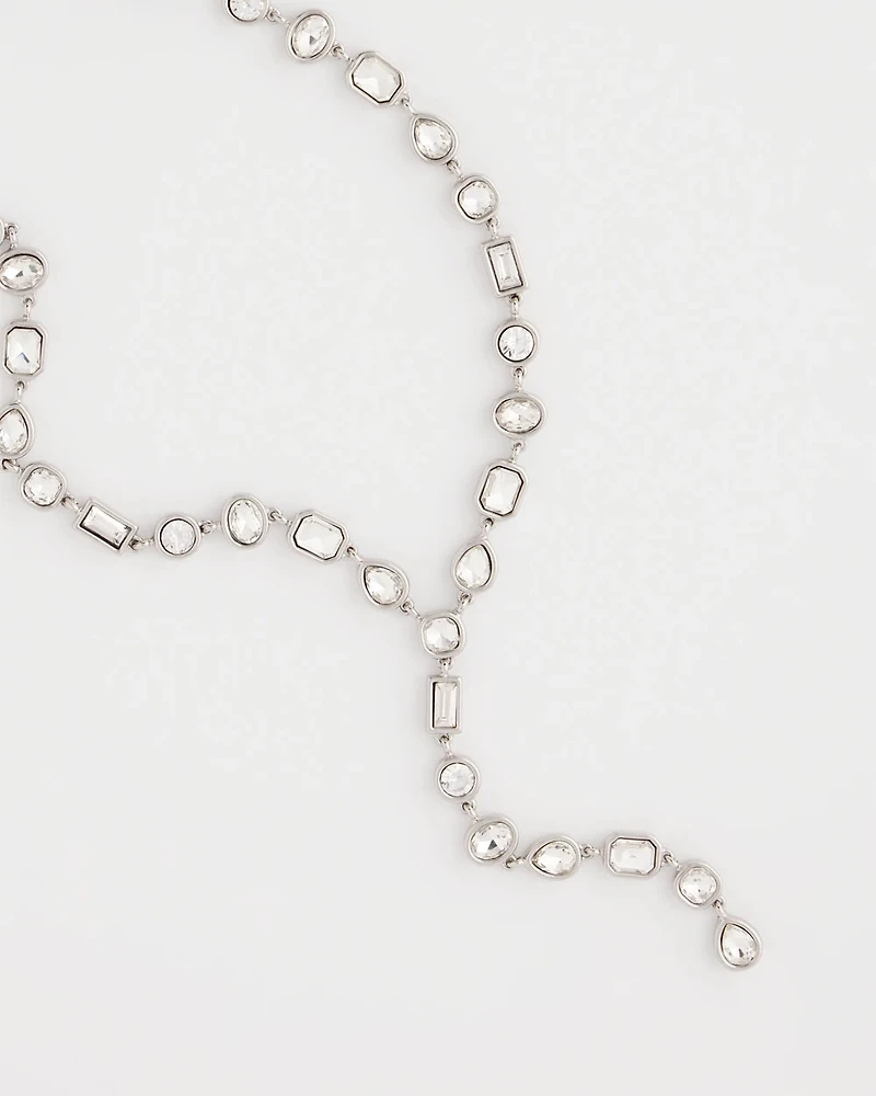Bezel Set Silvertone Y-Necklace