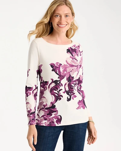 Placed Print Stretch Cotton Boatneck Tee