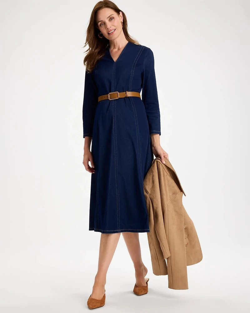 Knit Denim Seamed 3/4 Sleeve Dress
