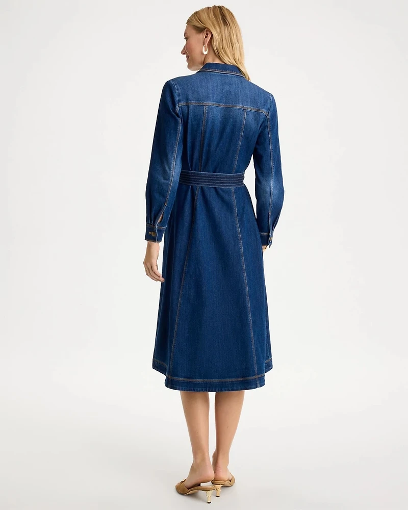 Denim Midi Trapunto-Belted Shirtdress