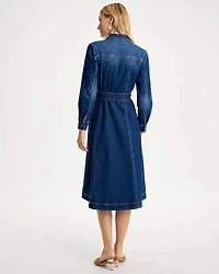 Denim Midi Trapunto-Belted Shirtdress