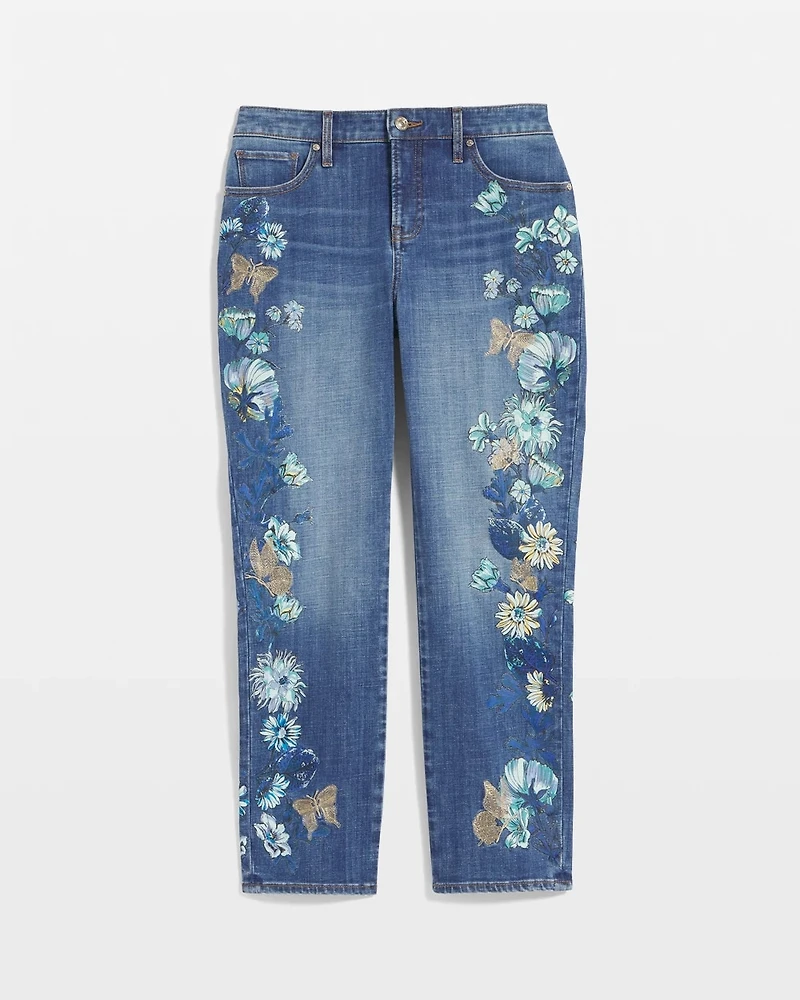 Girlfriend Butterfly Printed Cropped Jeans