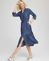 Tencel™ Tiered Belted Jean Shirtdress
