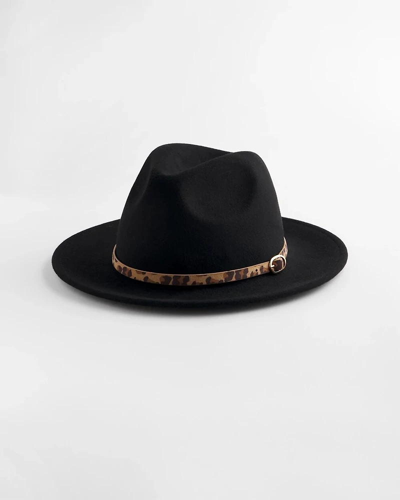 Animal-Print-Trim Wool Felt Fedora Hat