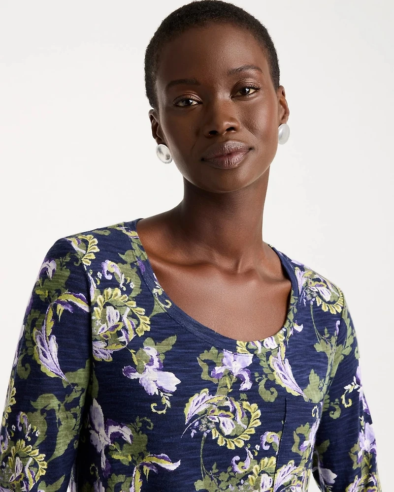 Floral Cotton Slub 3/4 Sleeve Tee