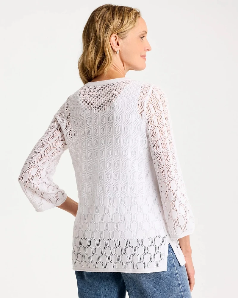 Cotton-Linen Lace Notch-Neck Sweater