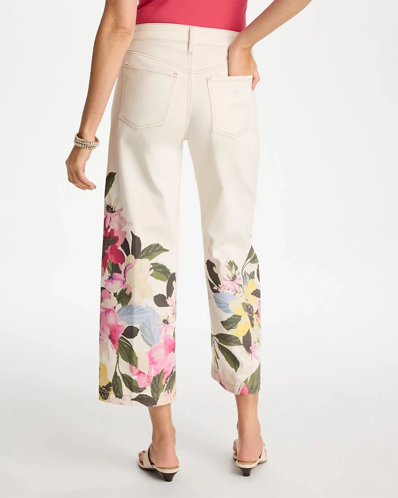 Printed Pull-On Wide Crop Jeans