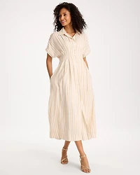 Petite Linen-Blend Metallic Striped Dress