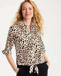 Poplin Cotton Animal Print Tie-Front Top