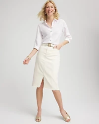 Frayed High-Rise Midi Stretch Denim Skirt