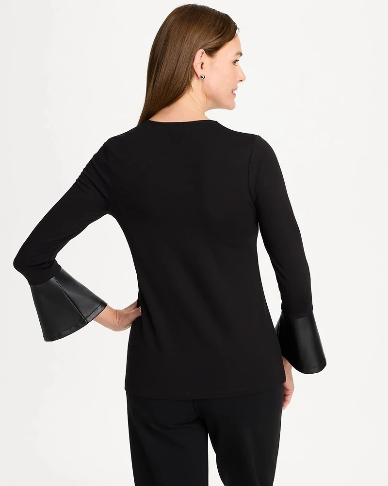 Ponte Faux Leather-Trim Bell Sleeve Top