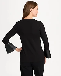 Ponte Faux Leather-Trim Bell Sleeve Top
