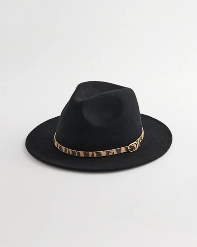 Animal-Print-Trim Wool Felt Fedora Hat