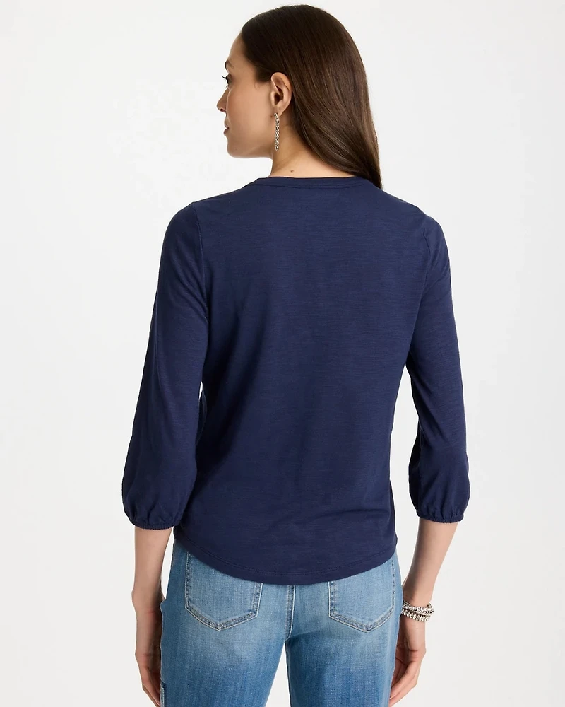 Puff Sleeve Cotton Slub Henley Shirt
