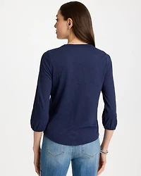 Puff Sleeve Cotton Slub Henley Shirt