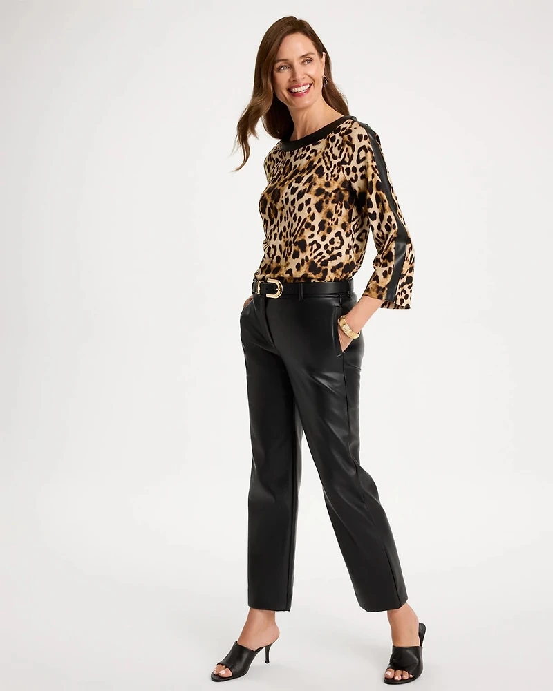 Ponte Knit Animal Faux Leather-Trim Top