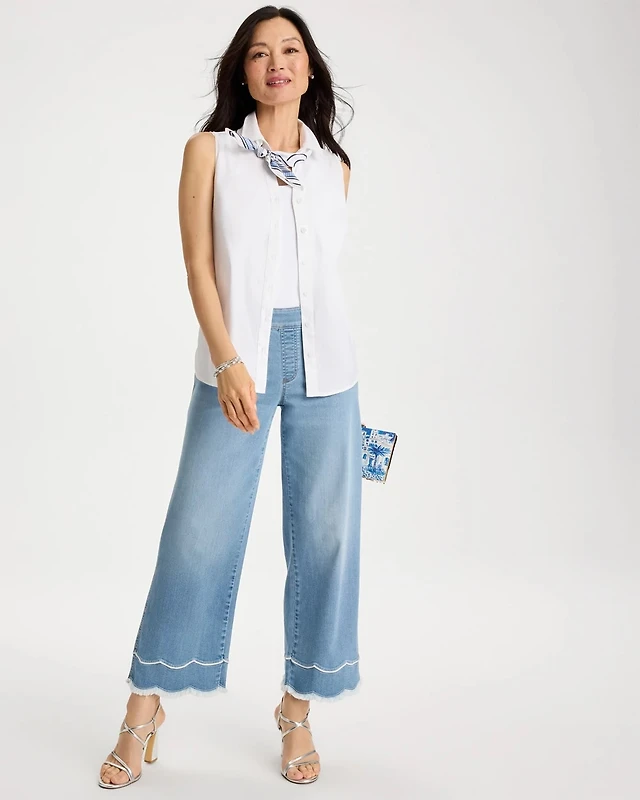 Scallop Pull-On Wide-Leg Crop Jeans