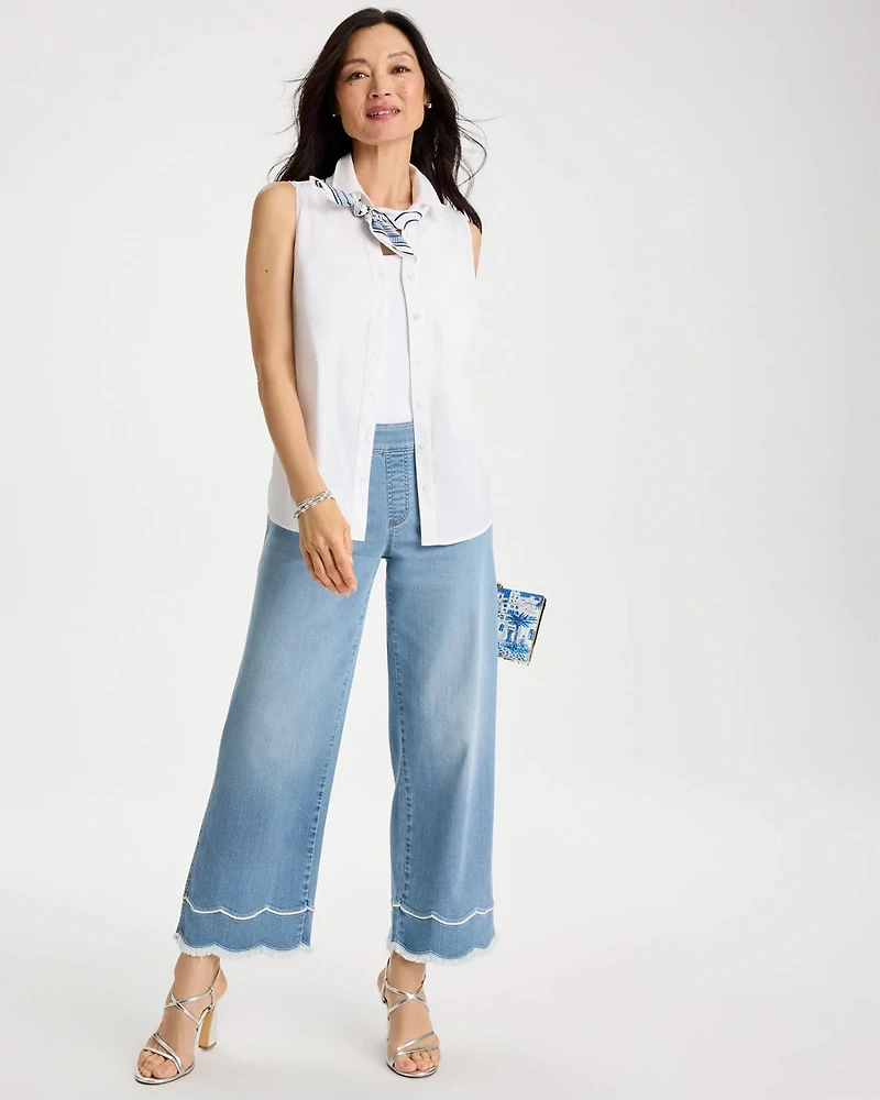 Petite Scallop Pull-On Wide-Leg Crop Jeans