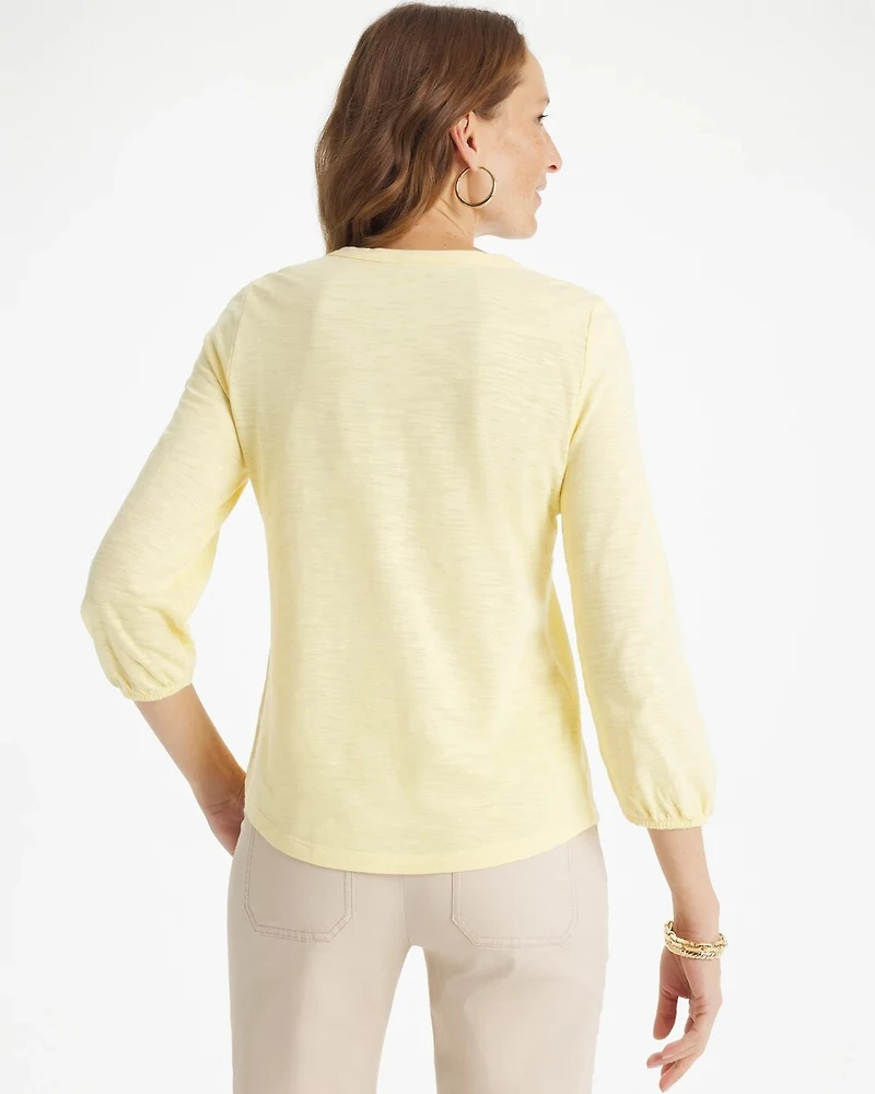 Puff Sleeve Cotton Slub Henley Tee