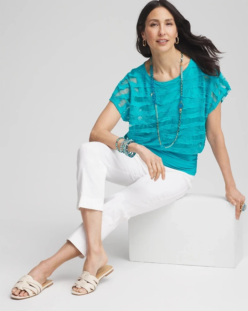 Embroidered Striped Banded Bottom Top