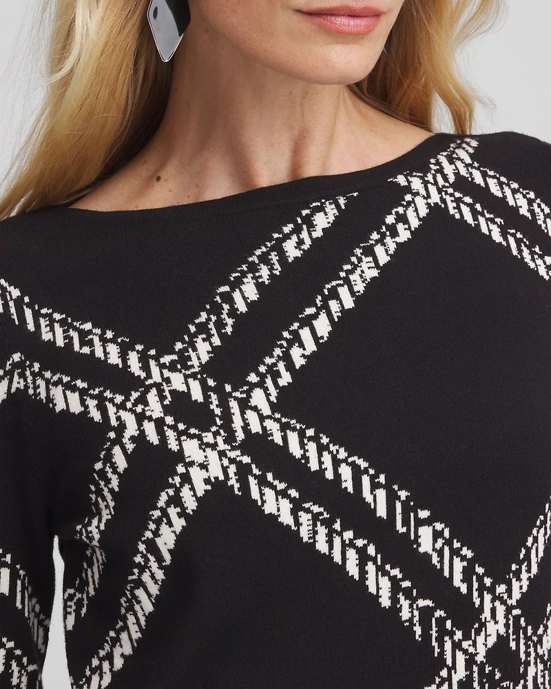 Plaid Bateau Neck Long Sleeve Pullover Sweater