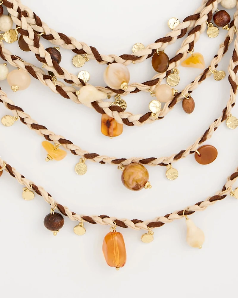 Neutral Beaded Layered Braided Necklace