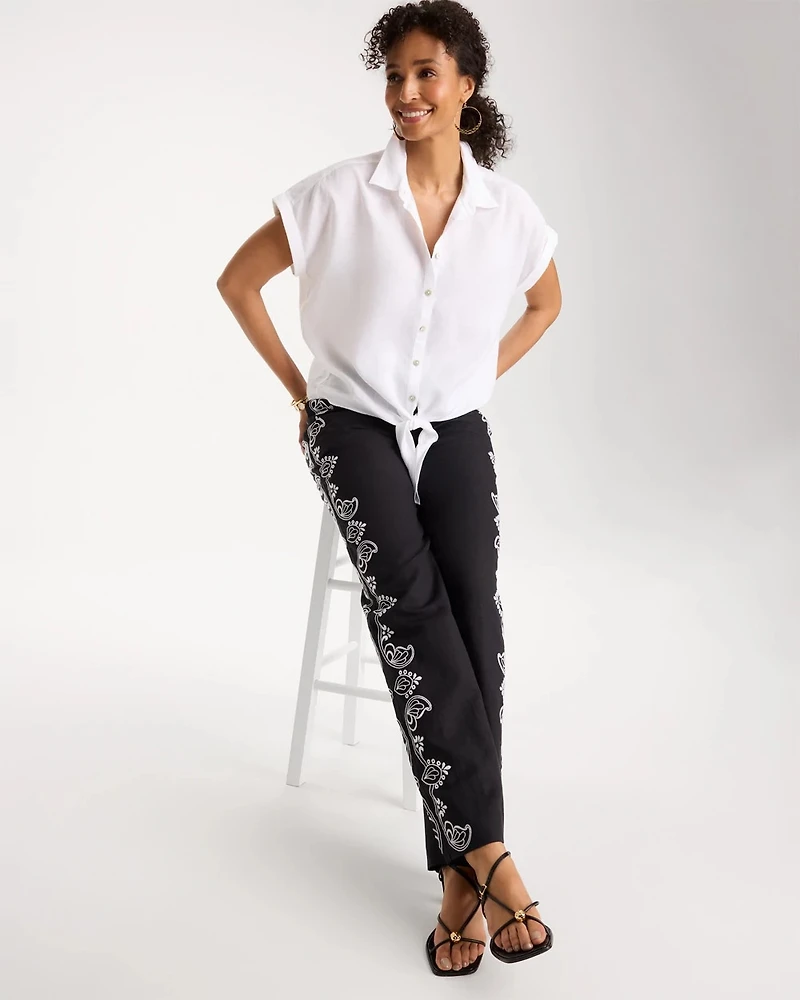 No Iron Linen Tie-Front Cap Sleeve Shirt