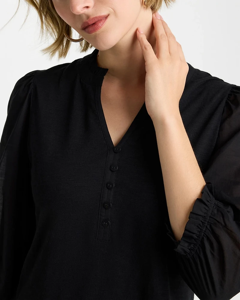 Ruffled V-Neck 3/4 Sleeve Top