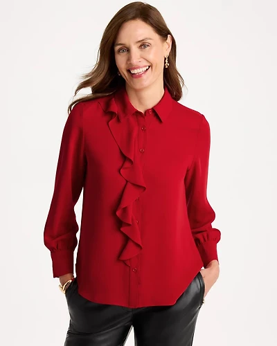 Satin Ruffled Button-Down Blouse