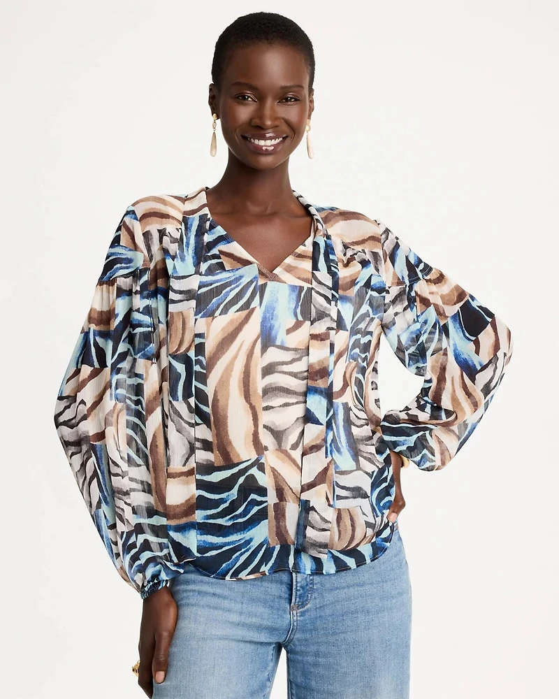 Crinkle Chiffon Tie-Front Blouse