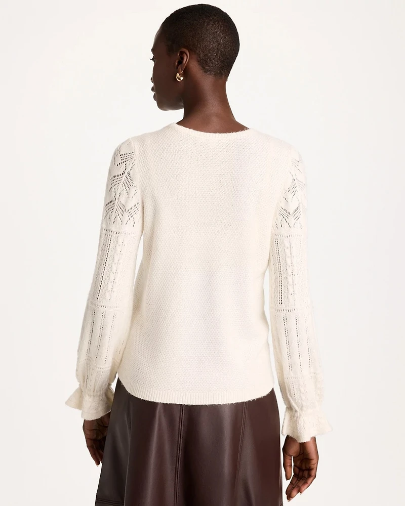 Pointelle Crochet-Lace Sleeve Pullover