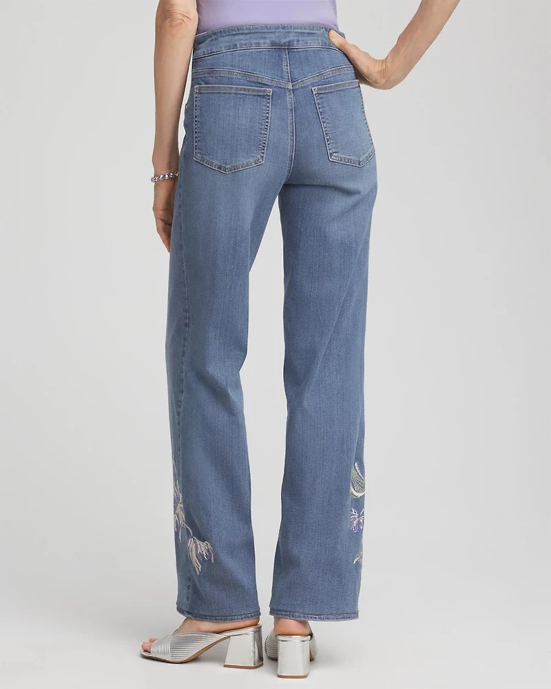 Embroidered Pull-On Wide-Leg Jeans